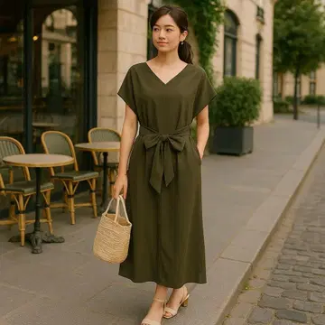 MARLENE JOBERT 롱 원피스 허리 오비 L 카키 카슈쿨