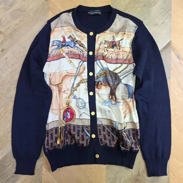 로열 애스콧 말과 기수 프린트 가디건 실크 100 y42