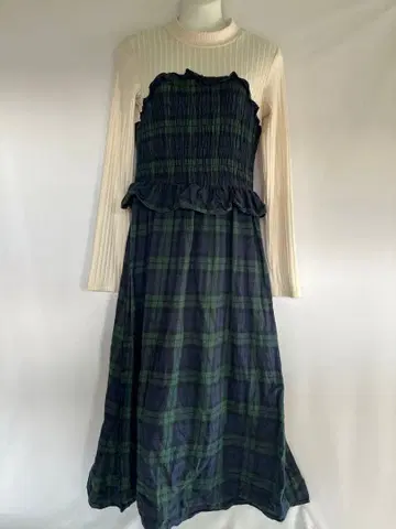 체크 무늬 롱 원피스 긴팔 네이비 그린