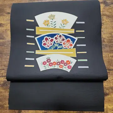 시오제 나고야 오비 부채꽃무늬 블랙 베이스