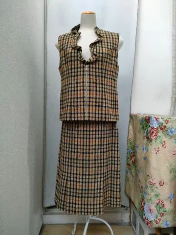 닥스 베이지 체크 셋업 롱 스커트 베스트 레트로 구제 의류