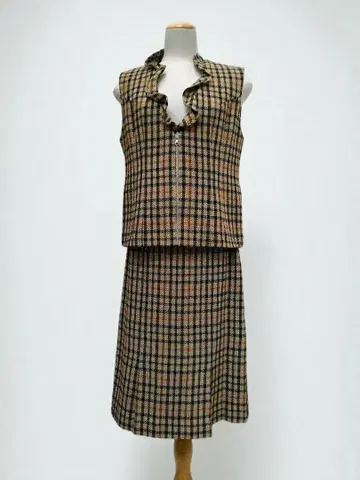 닥스 베이지 체크 셋업 롱 스커트 베스트 레트로 구제 의류