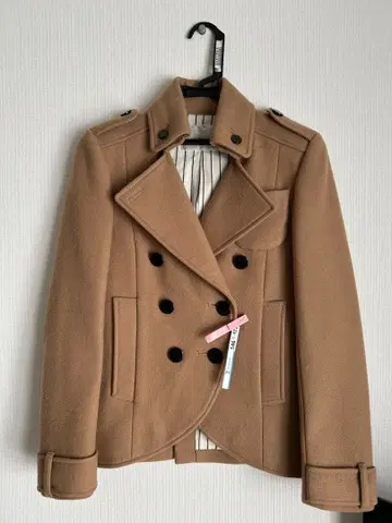 울 더블 브레스트 피 코트 베이지