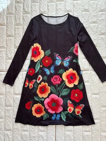 꽃무늬 나비 프린트 긴팔 원피스