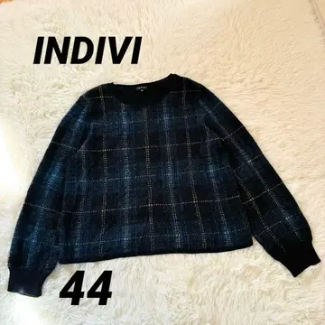 INDIVI 체크 무늬 네이비 골드 라메 니트 44 빅 사이즈