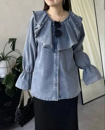 prose verse 펄 프릴 칼라 데님 블라우스