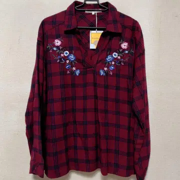 빨간색 계열 체크 무늬 자수 긴팔 셔츠 L
