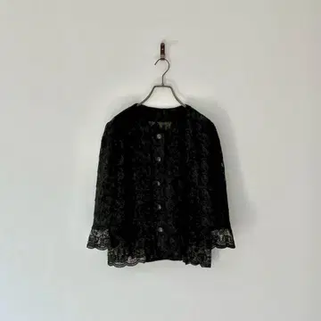빈티지 일본제 7부 소매 노카라 자켓 레이스 페플럼 포멀 블랙