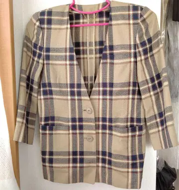 Leilian 레리안 노카라 자켓 체크 무늬