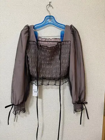 pium 셔링 튤 긴팔 프릴 블라우스