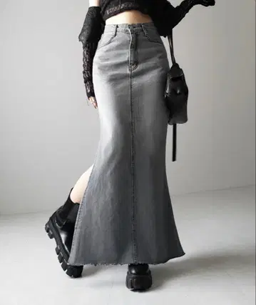 밈 셀렉 깊은 슬릿 데미지 데님 롱 머메이드 스커트