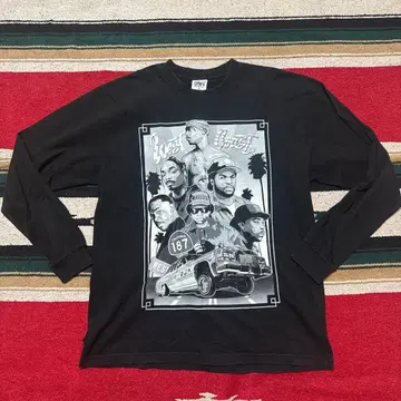 XL SHAKA 블랙 롱 슬리브 티셔츠 힙합 아트