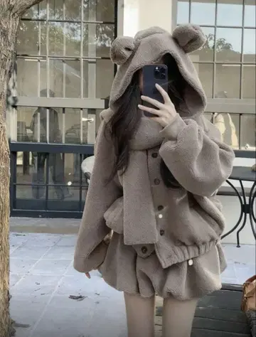 베이지 곰돌이 귀 후드 셋업