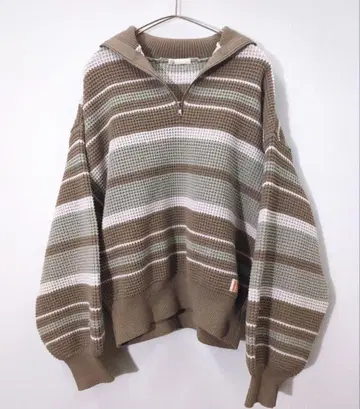 JAVA 자바 콜라보 레트로 귀여운 멀티 보더 경량 와플 하프 지퍼 니트