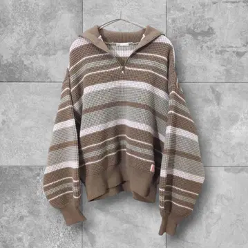 JAVA 자바 콜라보 레트로 귀여운 멀티 보더 경량 와플 하프 지퍼 니트