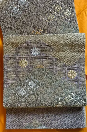 후쿠로 오비 새상품급 실크 꽃무늬 기하학 패턴