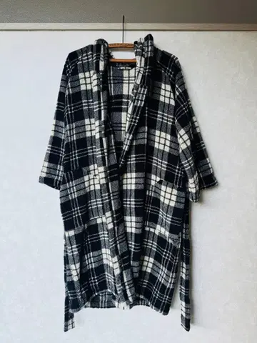 무인양품 후드 부착 체크 무늬 타월 원단 목욕 가운