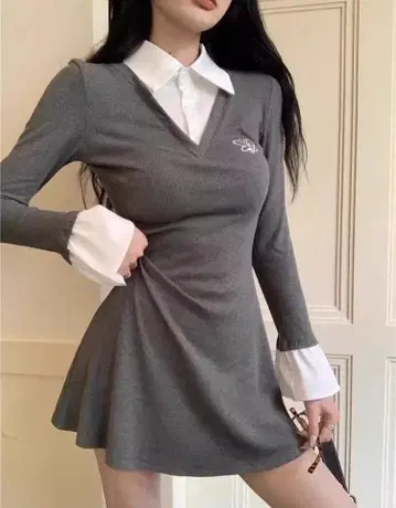 그레이 V넥 미니 원피스 긴팔