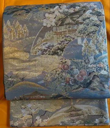 파란색과 골드 컬러의 후쿠로 오비 일본 풍경 자수