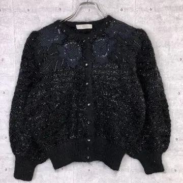 레트로 시크 구제 의류 꽃 자수 벌룬 슬리브 라메 니트 가디건