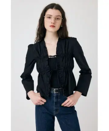 MOUSSY 프론트 리본 개더 블라우스 블랙 긴팔