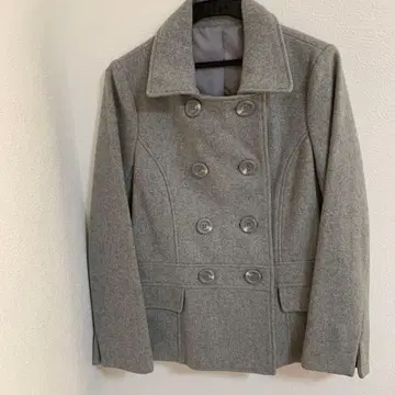 그레이 더블 브레스트 피 코트 울 혼방