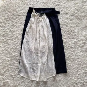 와이즈 롱 스커트 데님 절개 린넨 이소재 도킹 1 네이비 화이트