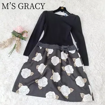 [엠즈 그레이시] 롱 원피스 장미 도킹 리본 니트 꽃무늬