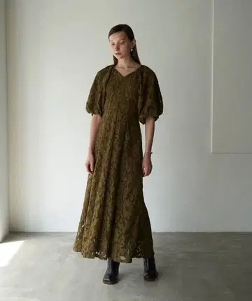 CLANE 빈티지 레이스 퍼프 원피스 카키