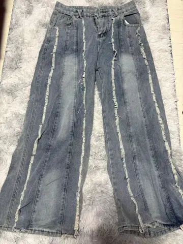 스트라이프 디자인 와이드 레그 데님 팬츠