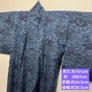 미사용품 솔기 실 부착 순수 실크  기모노 네이비