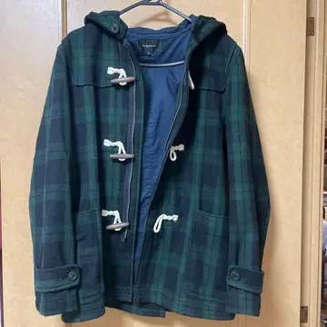 그린 체크 더플 코트 후드 부착 L