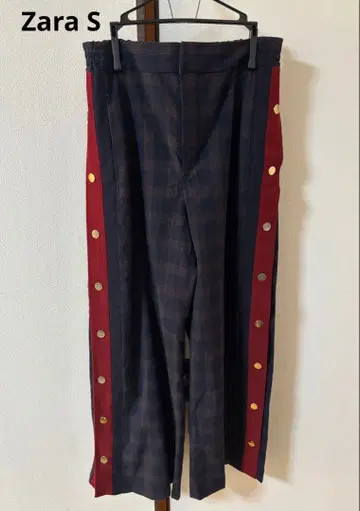 체크 무늬 캐주얼 팬츠 네이비/빨간색