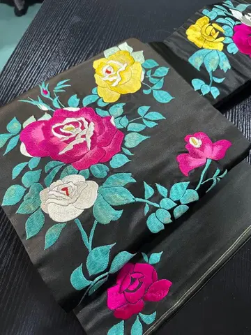 3323 앤티크 나고야 오비 장미 자수 블랙 길이 325cm 폭 30cm