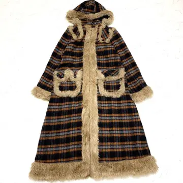 베티즈 블루 체크 무늬 퍼 파이핑 맥시 길이 롱 코트 9호