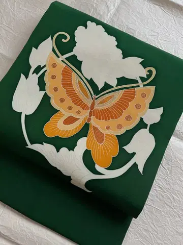 순수 실크 시오제 나고야 오비 나비 모란 짙은 녹색 그린