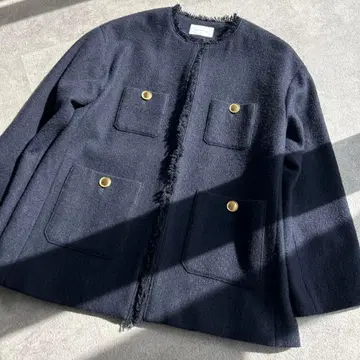 컨디션 최상 그린 라벨 릴랙싱 트위드 노카라 자켓 네이비