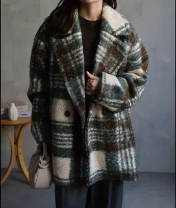 더블 자켓 보아 코트 체크 무늬