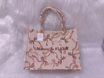 메종 드 플뢰르 리본 무늬 고블랑 스퀘어 토트 M백 핑크 베이지