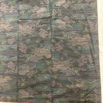 오시마 명주 블랙 베이스 네이비 격자 풍경 무늬 기모노 순수 실크