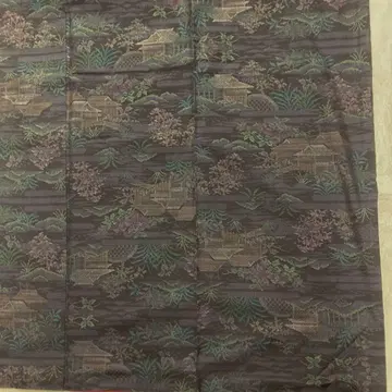 오시마 명주 블랙 베이스 네이비 격자 풍경 무늬 기모노 순수 실크