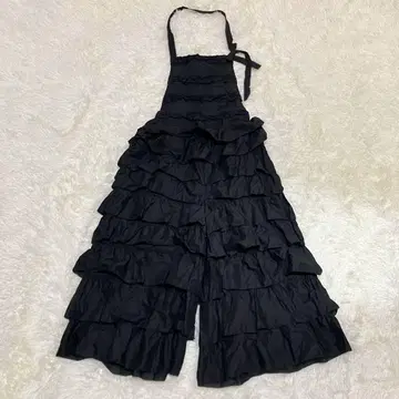 새상품급 코튼 로운 에이프런풍 팬츠 피코 프릴 리본 블랙