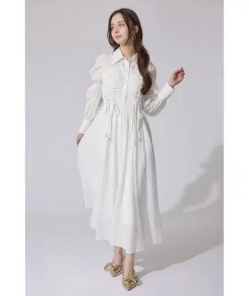 rienda 프론트 셔링 리본 셔츠 플레어 원피스