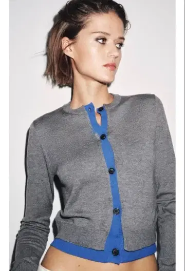 ZARA 콤비 니트 가디건 블루 그레이 M