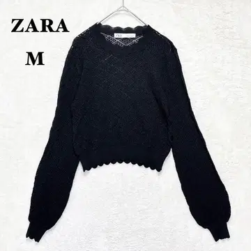 자라 시스루 니트 숏 기장 M 블랙 벙벙 소매 얇은 소재 스캘럽 올 패턴