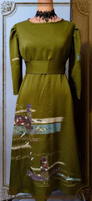 호몬기 기모노 리메이크 올리브 그린 A라인 원피스 실크