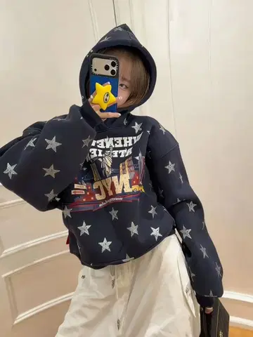 [L 사이즈] Y2K 스타 패턴 후드티 네이비 컬러 후디 스트릿
