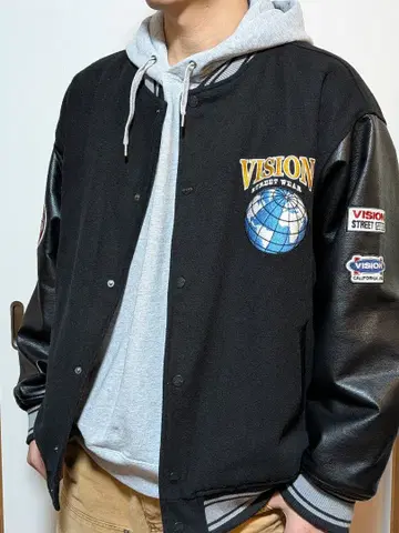 VISION 바시티 자켓 블랙/가죽 스트릿 스타일