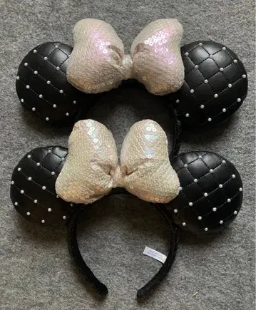 디즈니 퀼팅 펄 리본 머리띠 블랙 미니 페어 2개