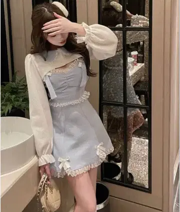 스카이블루 리본 프릴 원피스 가디건 세트